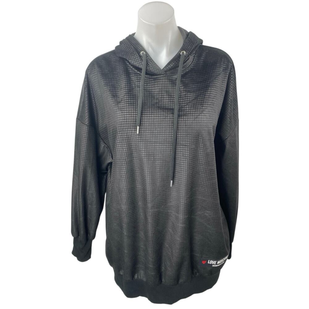Love Moschino Black Faux Vegan Leather Long Sleeve Hooded Hoodie Sweatshirt 4